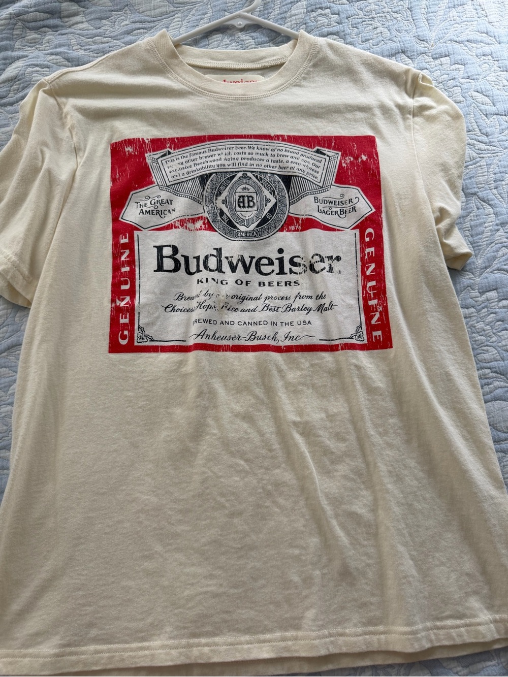 PacSun Cream Short Sleeve Budweiser Logo Tee with Red and Black Print